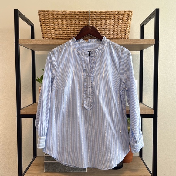 Talbots Silver Stripe Poplin Cotton Woven 1/2 Placket Collar Button Up Blouse, S - Picture 1 of 6